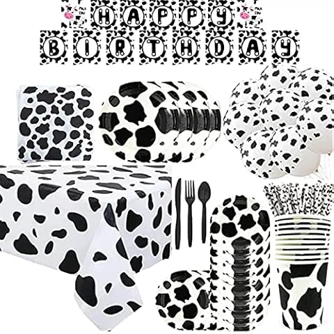 112PCS Cow Party Supplies,Cow Disposable Tableware with Cow Balloons, Happy Birthday Banner, Plates, Cups, Napkins,Table Cloth, Serves 10 for Cow Party Baby Shower Birthday Decorations Cover