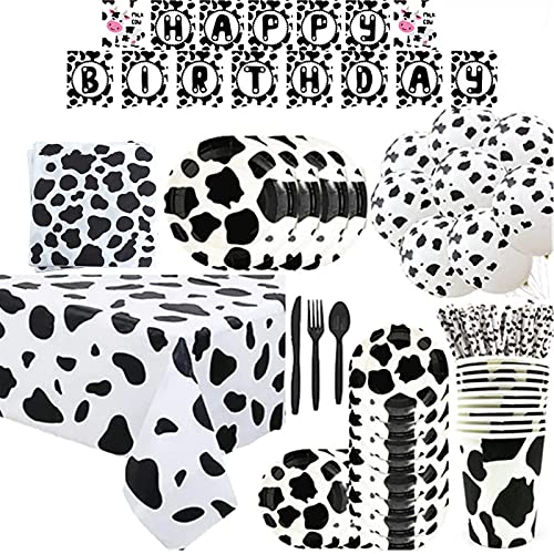 112PCS Cow Party Supplies,Cow Disposable Tableware with Cow Balloons, Happy Birthday Banner, Plates, Cups, Napkins,Table Cloth, Serves 10 for Cow Party Baby Shower Birthday Decorations