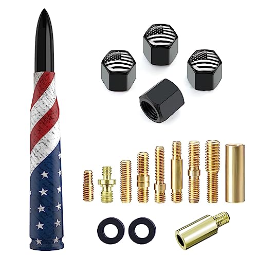 American Flag 50 Cal Bullet Antenna for Ford F150 F250 F350 Super Duty Ford Raptor Bronco Chevy Silverado Dodge RAM 1500 Truck Short Antenna Replacement, Car Accessories with Valve Stem Caps, Black