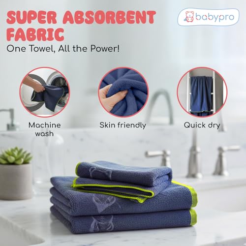 Image of BabyPro Microfiber Baby Bath Towel for Boys & Girls, 0-5 Years, 70 x 110 cm | 100%Cotton, Ultra Soft, Quick Dry, Ultra Absorbent, Lightweight, Navy Blue