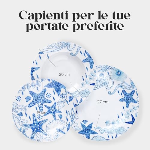 Baroni Home Servizio di Piatti da 18 pezzi in Porcellana, Servito da Tavolo Colorato per 6 Persone, Piatto Fondo, Piano, da Frutta o Dolce Stelle Marine - immagine 5