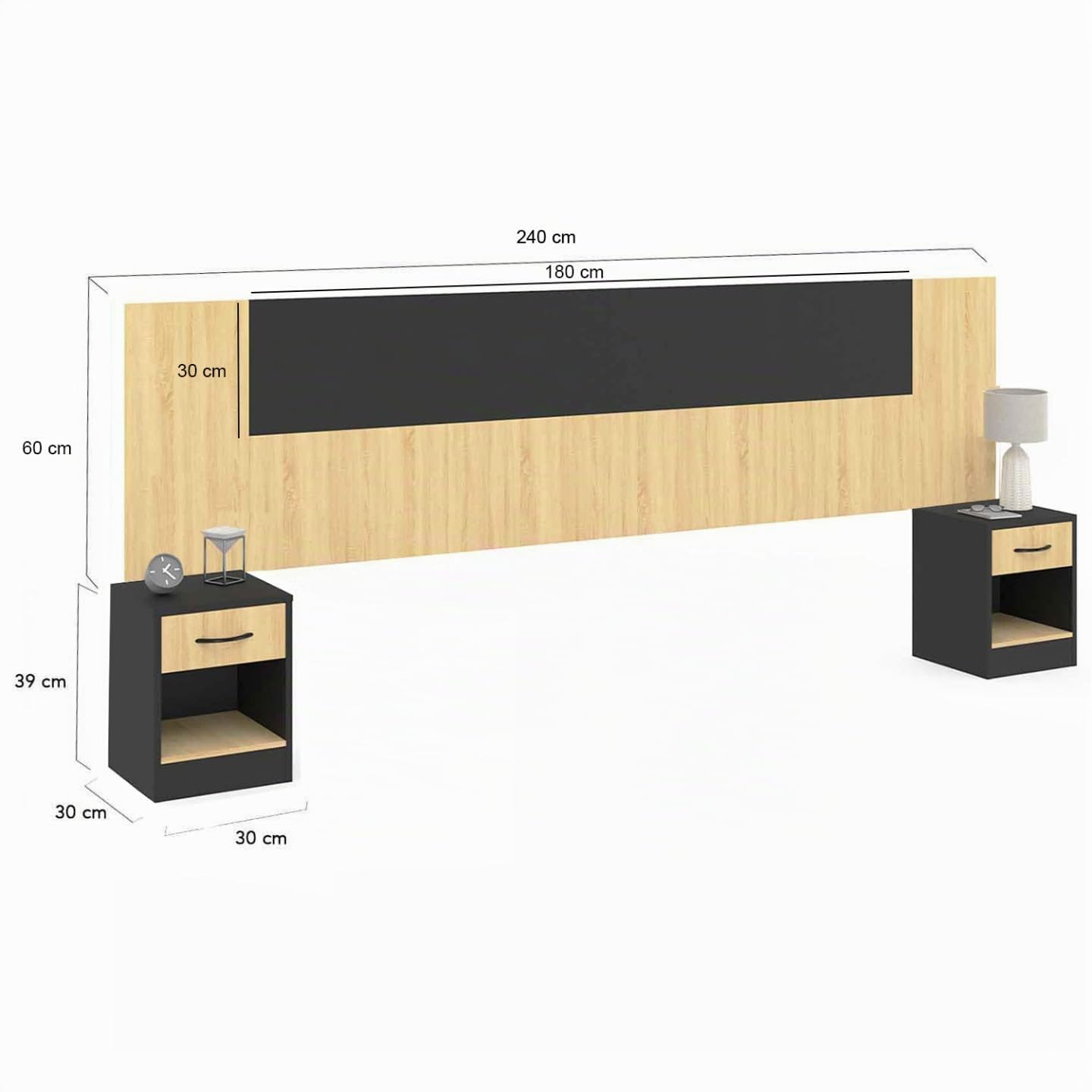 IDMarket - Cabecero SAPA para camas de 140 y 160 cm con mesillas negras y efecto madera