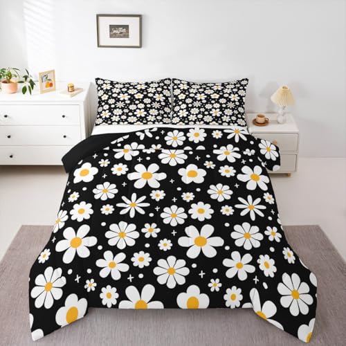Image of Daisy Flower Bedding Set for Kids Boys Girls Groovy Floral Comforter Set Twin Size Retro Floral Boho Duvet Quilt Bedroom Decor Breathable Soft Lightweight Microfiber Black White 2Pcs