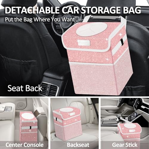 Image of Cute Mini Car Trash Bag with Lid, Glitter Garbage Can Bin Hanging for Back /Front Seat /Console, Waterproof, Leakproof, 2.5 Gallon, Pink Bling Sparkly