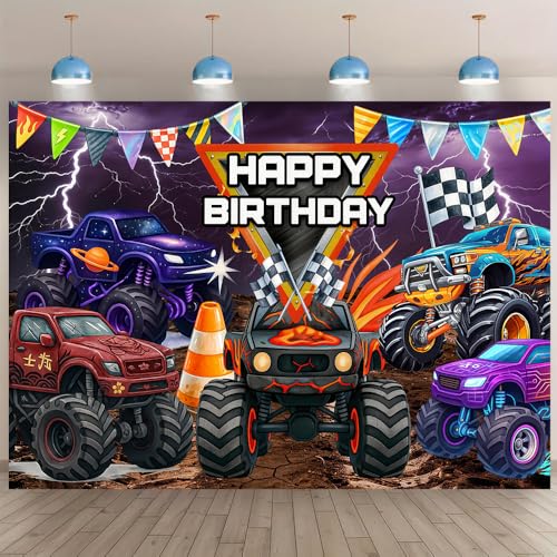 Monster Truck Birthday Decorations for Boys Monster Truck Happy Birthday Backdrop Banner Kids Birthday Party Decorations Monster Car Birthday Banner for Boys Racing Car Themed Party Supplies