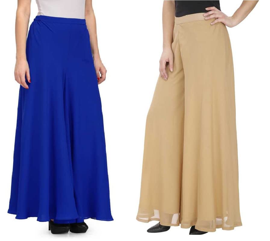 r&d Women's Georgette Stretchable Palazzo Pant (Royal Blue and Beige, Free Size)-picture-17