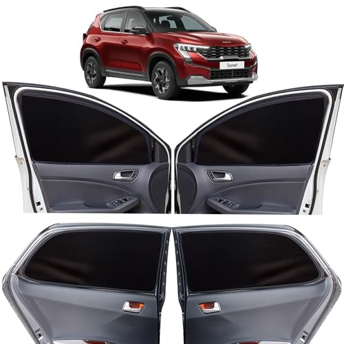 Image of OTO2EYE Car Sunshade Compatible for Kia Sonet (2024 Onwards) Magnetic Grip, Front Window Zipper, Side Window Curtains, 4 Pieces Set (Z-Black All Window, MGT-ZB-Sonet (2024 Onwards))