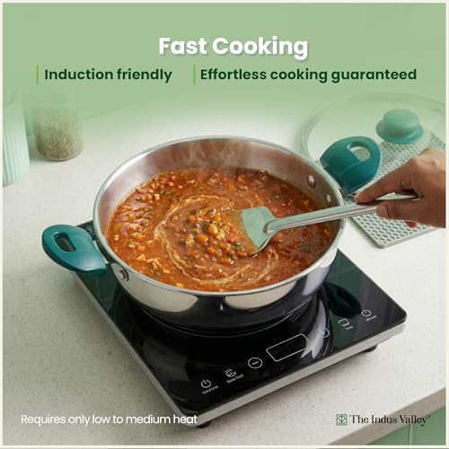 Image of The Indus Valley Stainless Steel Impact Bonded Bottom Kadai (22cm) + Fry Pan (22cm) with Glass Lid | Green Bakelite Handle | Kitchen Cooking Combo Pots & Pans Set of 2 | Induction Compatible