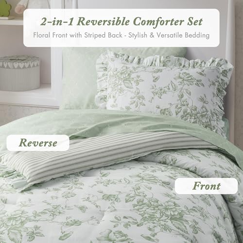 Image of Madison Park Essentials Adele Green Floral Twin XL Size Comforter Set - Vintage Bed in a Bag with Sheets, Reversible Ruffle Bedding, Elegant Gift for Her