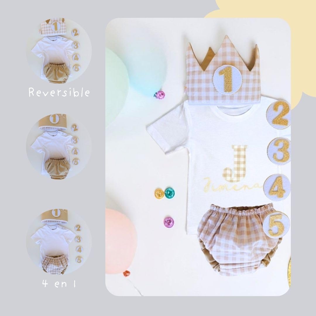 Genérico - Conjunto Cumpleaños 1 año Personalizado - Camiseta con nombre Bebé - Regalo primer cumpleaños - Smash Cake - Corona cumpleaños