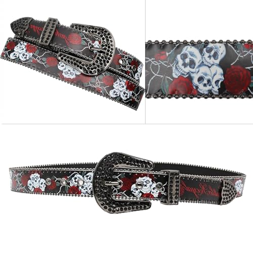 Skull Rhinestone Belt Western Belts for Men Women Y2k Goth Emo Skull Sequin Belt Cowgirl Cowboy Belt3