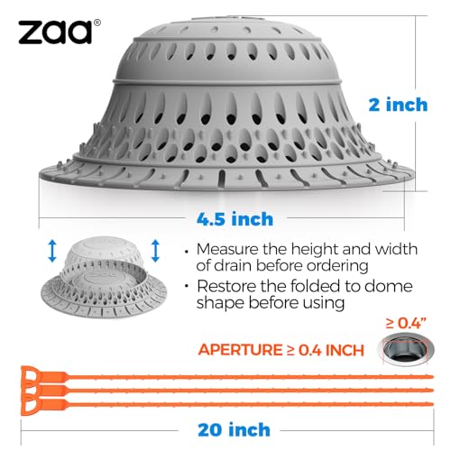 Image of zaa 5 Pcs Bathtub & Shower Drain Hair Catcher, 2 Pack Silicone Collapsible Drain Protector and Drain Cover with 3 Snake Drain Clog Removers, for Pop-Up and Regular Drains of Tub, Shower, Bathroom