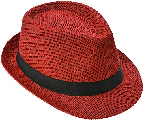 Miobo Sombrero de paja para hombre, mujer y niño, 24 colores, sombrero de panamá con cinta de tela, trilby, sombrero de fiesta, sombrero para sol, sombrero de gángster, Rojo (sombrero)., X-Large Cover