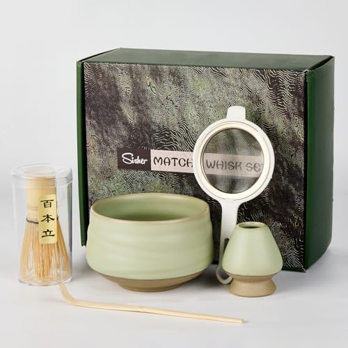 Sisher Matcha Whisk Set,Matcha Set Whisk and Bowl,Japanese Tea Set (5pcs) Includes Matcha Bowl, Matcha Whisk and Holder, Bamboo Scoop, Scoop Rest and Sifter Matcha kit for Matcha Lovers (Green)