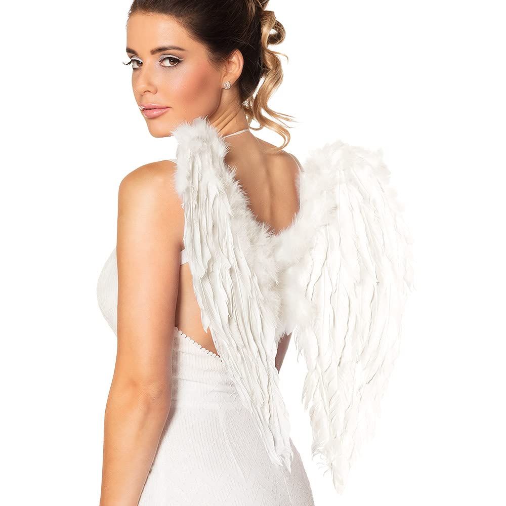 Angel Fairy Wings Costume Fancy Dress Large Black/ White/ Red/Rainbow/Pink Deluxe Real Feathers WINGS/ feather BOAS/ HALO (White Wing)