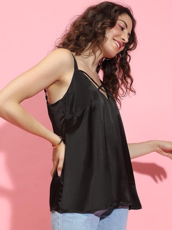 Image of oxolloxo Women Solid Black Shoulder Strap Round Neck Criss-Cross Style Sleeveless Top
