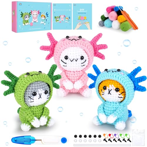 Image of Fortuning's JDS Crochet Kit for Beginners - 3 PCS Axolotl Cat Crochet Kits with Step-by-Step Video Tutorials, Beginner Crochet Kit for Adults, Crochet Cat Dressed as Axolotl Set