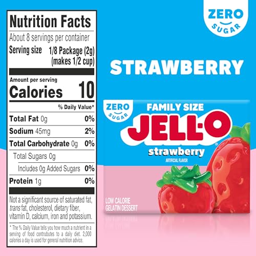 Image of Jell-O Strawberry Zero Sugar Low Calorie Gelatin Dessert Mix, Family Size, 0.6 oz Box