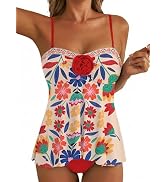 Aleumdr Womens Tankini Swimsuit Flower Flyaway Two Piece Bathing Suit Bandeau Swim Top with High ...