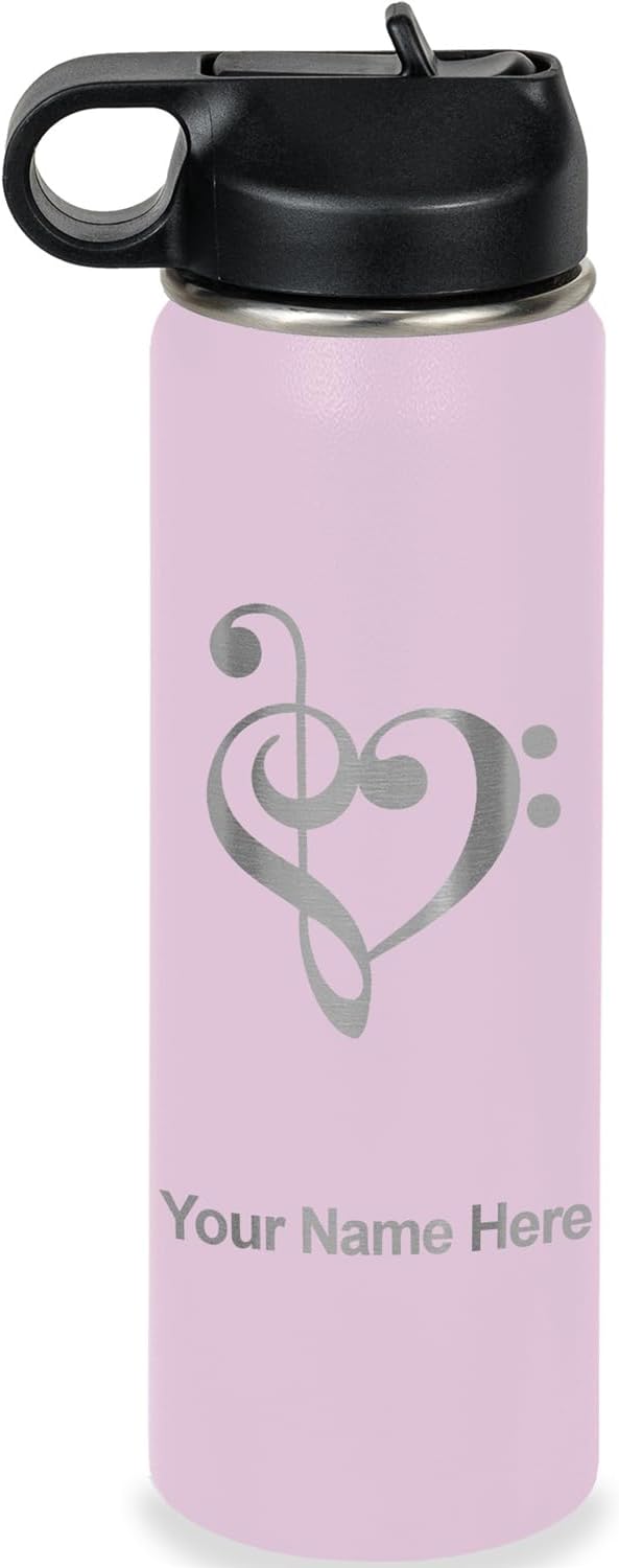 LaserGram Personalized Water Bottle, Music Heart, Stainless Steel Double Wall Vacuum Insulated with Flip Top Straw, Custom Engraved Gift (20oz / 590ml Lavender)