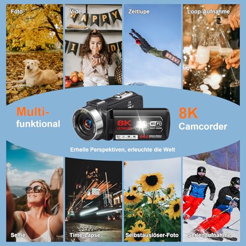 Videokamera Camcorder HD 8K 64MP WiFi Vlogging Camera mit IR Nachtsicht für YouTube, 3-Zoll-Touchscreen 18X Digitalzoom Webcam Kamera mit Akkus,64GB SD Karte,Mikrofon,Stabilisator,und Fernbedienung