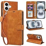 JHWVVTF for iPhone 16 Wallet Case,[RFID Blocking 4 Card Slots Holder] Soft PU Leather Folio Flip Cases,Wrist Strap,Shockproof Protective Stand Cover for iPhone 16 (Brown)