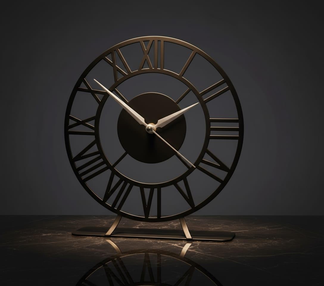 Metal Roman Numeral Table Clock 25×20 cm Modern Decorative Desk Clock for Home Office Silent Quartz Movement Black-image-44