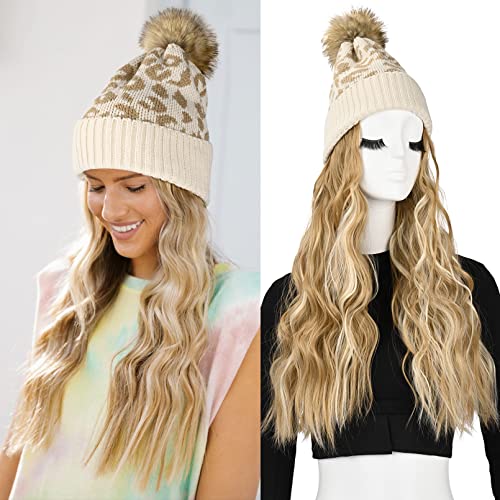 LONAI Beanie Hat Wig,Knit Hat with Hair for Women, Leopard Hat Wig with 18" Black Long Wavy Hair Extension for Winter-White and Brown Leopard Hat with Dark Blonde with Highlight Hair