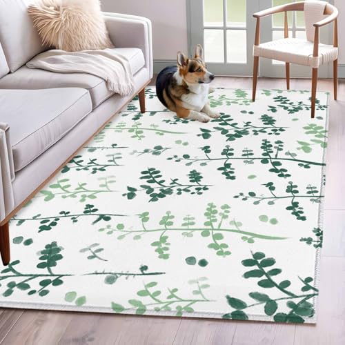 Teamery Rectangle Area Rug 3x5ft, Farmhouses Watercolor Sage Green Leaves