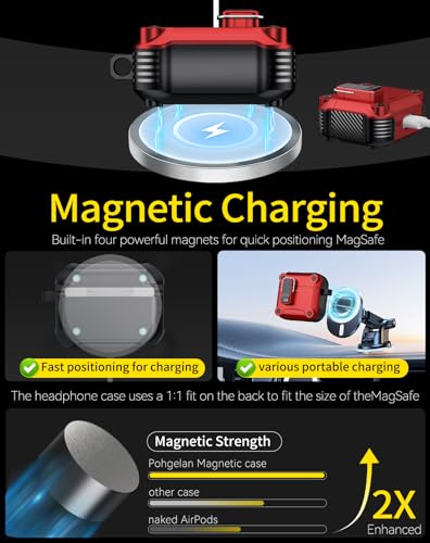 Image of Pohgelan for AirPods 4 Case with Safety Lock-Red | Magnetic Automatic Lock with Cleaning Kit&Keychain,Compatible with Magsafe