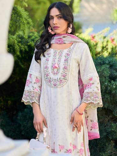 Image of INDO ERA Women's Straight Linen Floral Embroidered Kurta Pant with Dupatta Set (IEOUT9902)