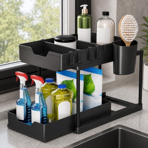 Image of Under Sink Organizer Rack Adjustable 2-Tier Shelf for Kitchen Cabinet, Expandable Storage Rack with Removable Panels,Professional for Kitchen Bathroom