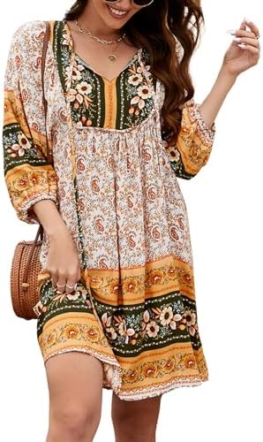 Qearal Womens Casual V Neck 3/4 Sleeve Boho Floral Printed Loose Short Mini Summer Beach Dress