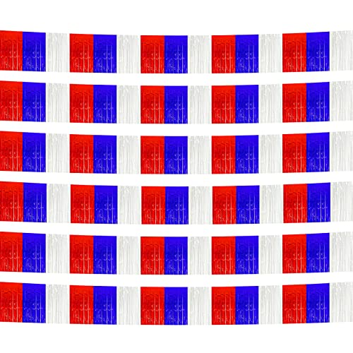 Image of 6 Pack 10 Feet White Blue Red Foil Fringe Garland Metallic Tinsel Streamers Banner Wall Hanging Backdrop Banner for Parade Floats, Thanksgiving, Christmas, Birthday, Halloween Party Decorations