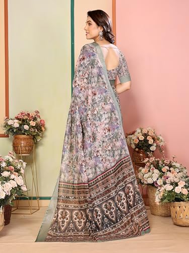 Image of Sidhidata Women's Cotton Linen Blend Lining Digital Printed Saree With Unstitched Blouse Piece (Linen Lining Saree)