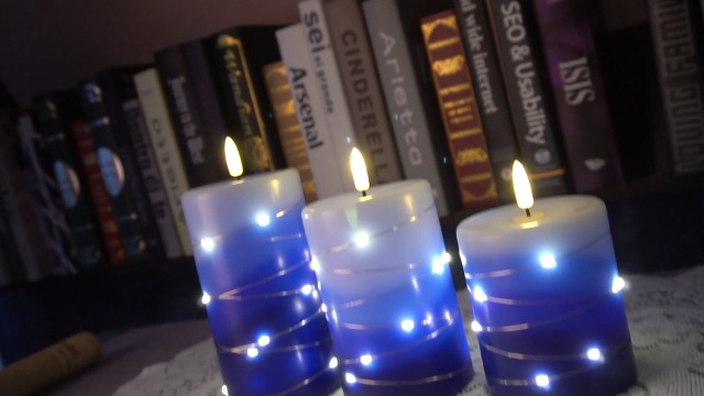 Image of Flameless LED Candles with Fairy Lights, Remote Timer, Blue Wax, 3-Pack | Layered Glow for Cozy, Worry-Free Ambiance