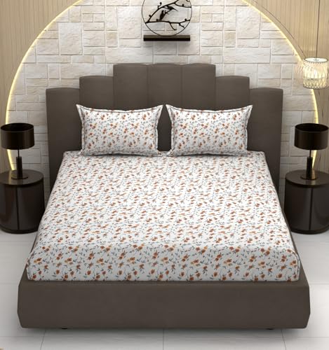 Image of Ezyption Cotton Super Soft 240 TC Elastic Fitted All Around Elastic Printed King Size Double Bed Bedsheet with 2 Pillow Cover 72 inch X 78 inch Brown & White