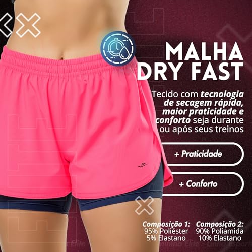 ELITE Short Duplo Academia Feminino Proteção UV 50+ Dry Fit Tecido Flex, Rosa Flúor (PINK), P