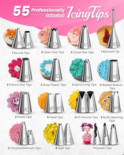 RFAQK 200PCs Cake Decorating Kit with Cake Turntable & Leveler, Baking Supplies Gift Includes 110+1 Piping Bags,55 Icing Tips,2 Frosting Spatulas, Adjustable Scraper, Video Tutorial, Booklet & more