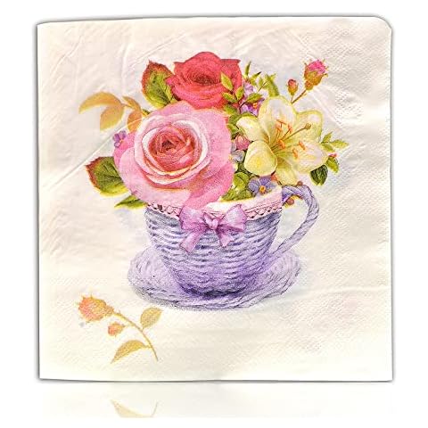 100-Pack Decorative Napkins,Cute Teacup Bright Flowers Nature Plant 2Ply Disposable Paper Party Napkins Serviettes 33Cmx33Cm Ideal For Decoupage Crafting For Bridal Shower,Tea Party,Luncheon Cover