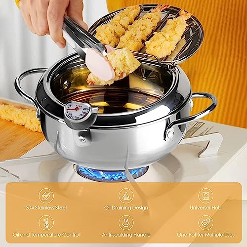304 Roestvrij Staal Frituurpan Friteuse Pan, Tempura Friteuse met Thermometer, Deksel en Olie Afdruiprek, Japanse stijl Tempura Frituurpan voor Keuken Frites, Vis, Garnalen en Knapperig Vlees - Afbeelding 4