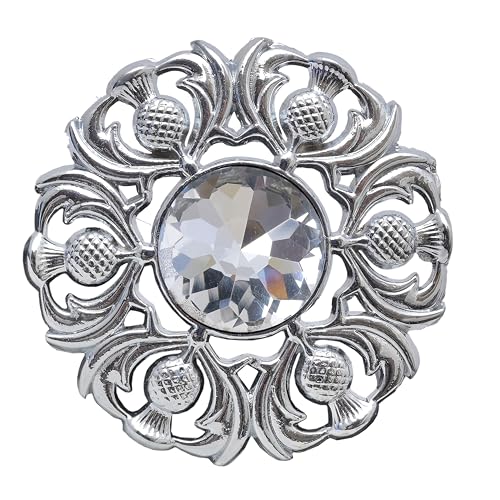 Image of Luxurious Scottish Kilt Fly Plaid Brooch - Premium Thistle Design Adorned with Sparkling Stones, Handcrafted Tartan Sash Pin, Luxurious Accessory for Women's Highland Dress