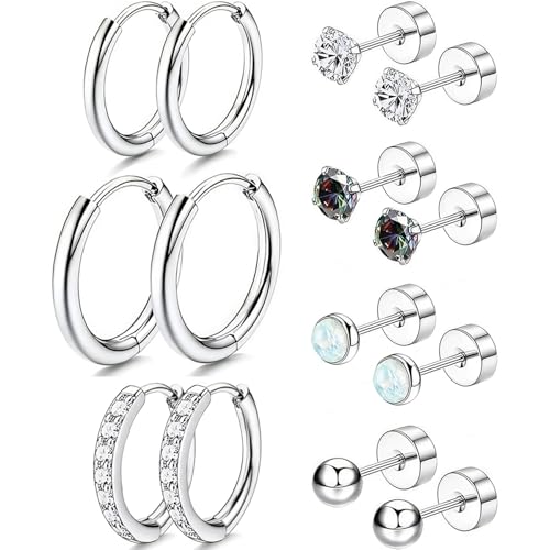 Surgical Steel Stud Earrings for Women, Hypoallergenic Flat Back Earrings for Sensitive Ears, Small Cartilage Huggie Hoop Earrings Ball CZ Opal Screw Back Stud Earrings for Women Men
