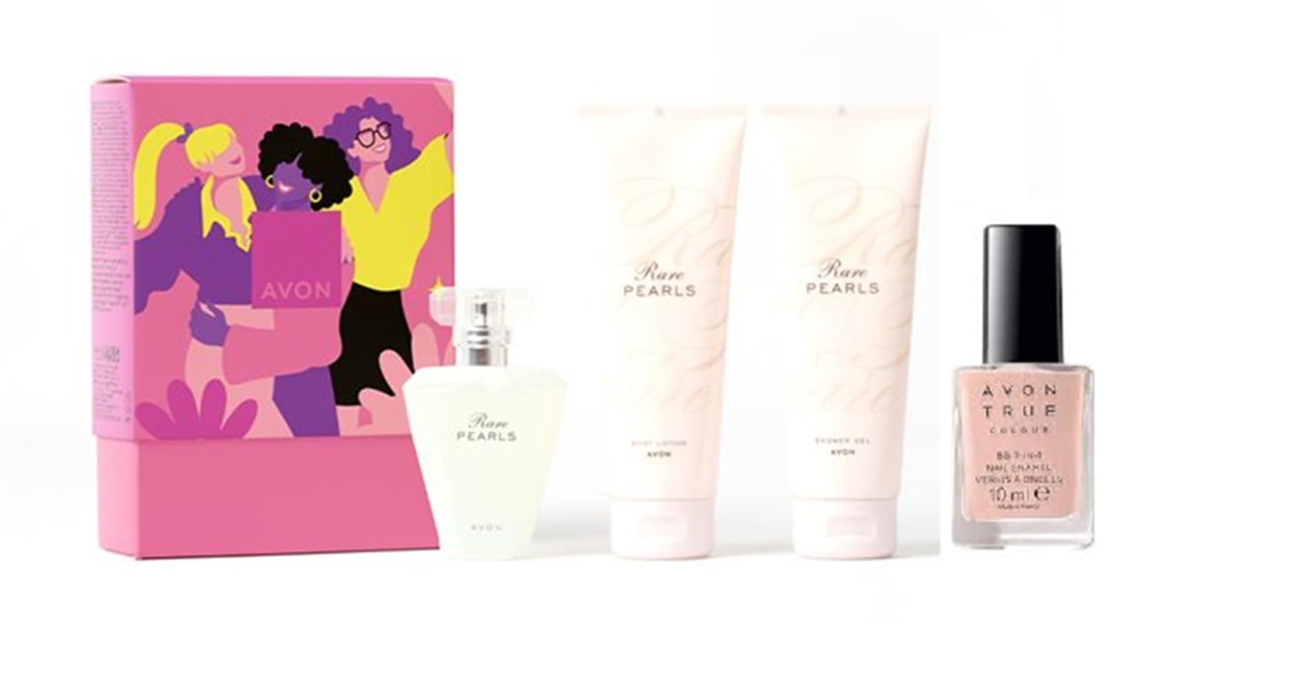 Rare Pearls Three Piece Set includes EDP 50ml, Body Lotion 125ml and Shimmer Shower Gel 150ml a floral fragrance for women in a Gift Box plus a pink nail enamel.