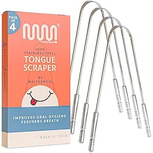 MasterMedi Tongue Cleaner Tongue Scraper Surgical Grade Stainless Steel Tongue Brush Dental Kit Professional Eliminate Bad Breath with Non-Synthetic Grip (Family Pack (4 pcs)