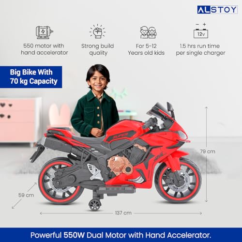 Image of Alstoy RR Kids Electric Toy Ride-On Bike | 12V Rechargeable Battery Operated Bike for Kids | Bluetooth Music | 70kg Capacity | BIS /ISI Approved| Boys & Girls Age 5 to 12| 6-Month Warranty| Large| Red
