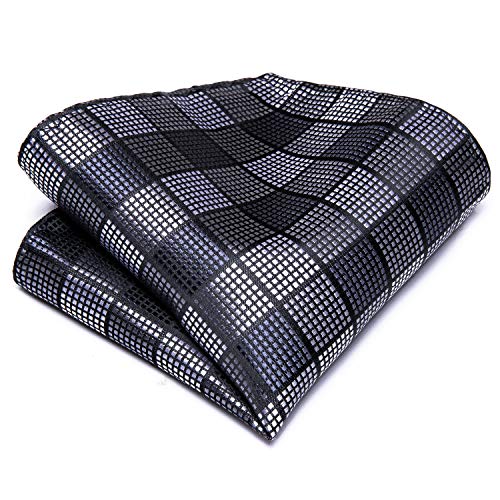 Image of Hi-Tie Plaid Black Silver Ties Men Set Silk Woven Necktie and Pocket Square Lapel Pin Silver Tie Clip Cufflinks Set Wedding Business 6PCS