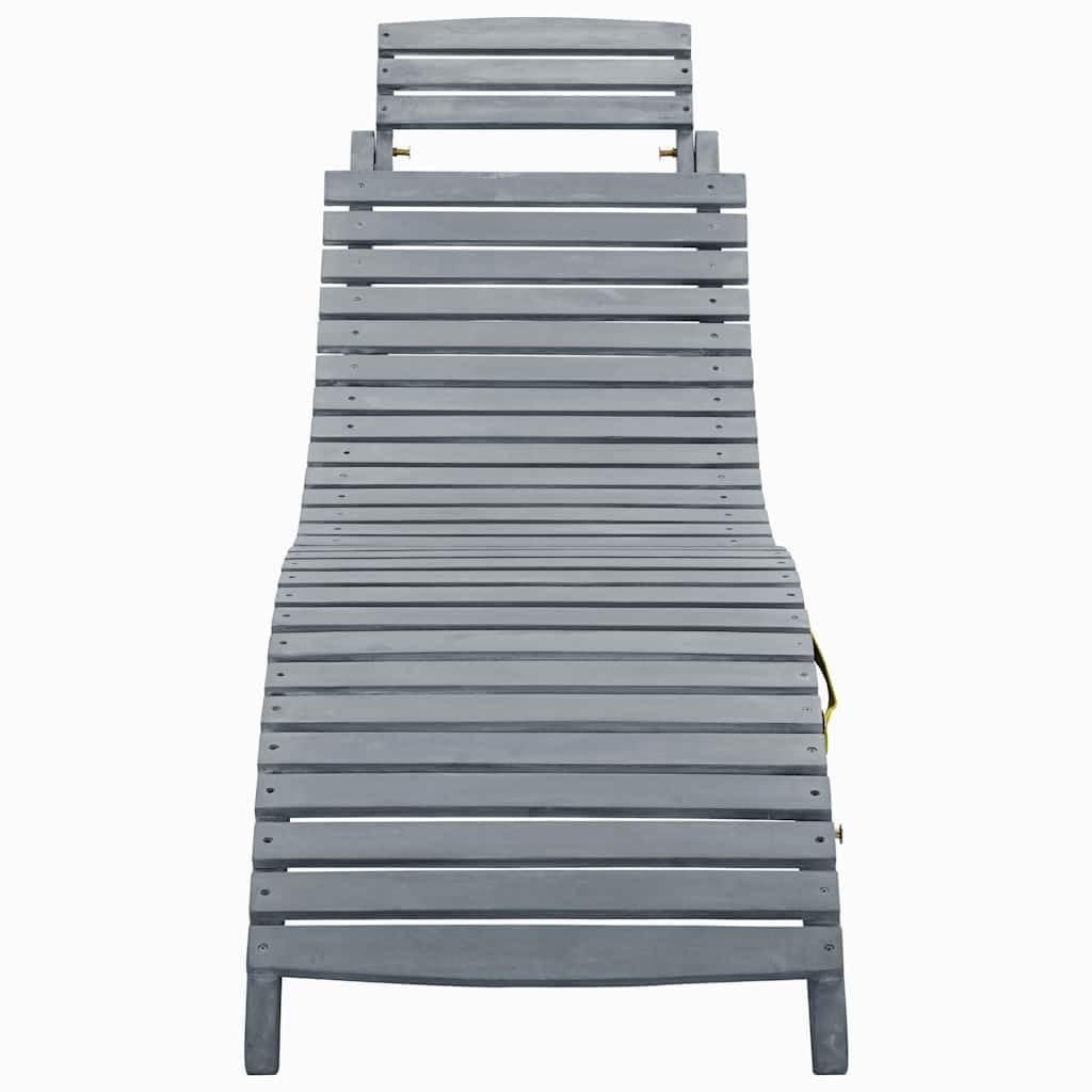 Lettino prendisole in legno massello di acacia con cuscino grigio e cuscino, pieghevole e regolabile per giardino, terrazza, balcone, piscina, con imbottitura e design ergonomico per il relax