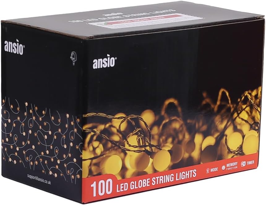 ANSIO® Fairy Lights Plug in 100 LED 10m Christmas Tree Lights for Indoor & Outdoor 8 Modes Warm White Globe String Lights Fairy Lights for Christmas Decorations Garden Bedroom & Party - Mains Powered