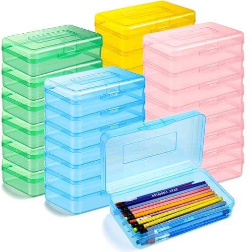 Image of Patelai 24 Pack Pencil Box for Kids 8.3x4.7x2.4 Plastic Clear Pencil Case Bulk Crayon Boxes with Snap Tight Lids for Classroom School Students (Colorful)